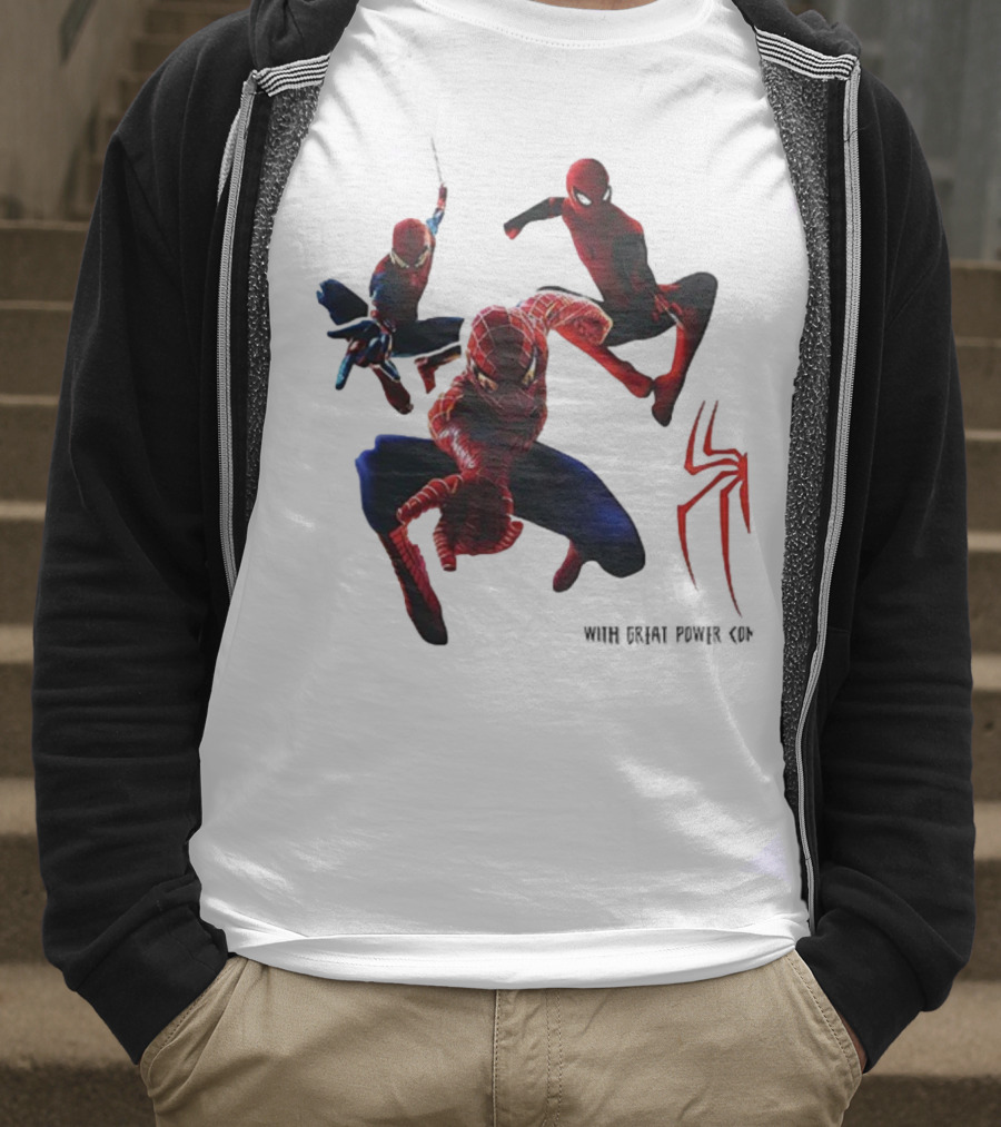 Spider Man Daily Bugle With Great Power Comes Great Responsibility Spider Logo Trio Suit Styles T-Shirt