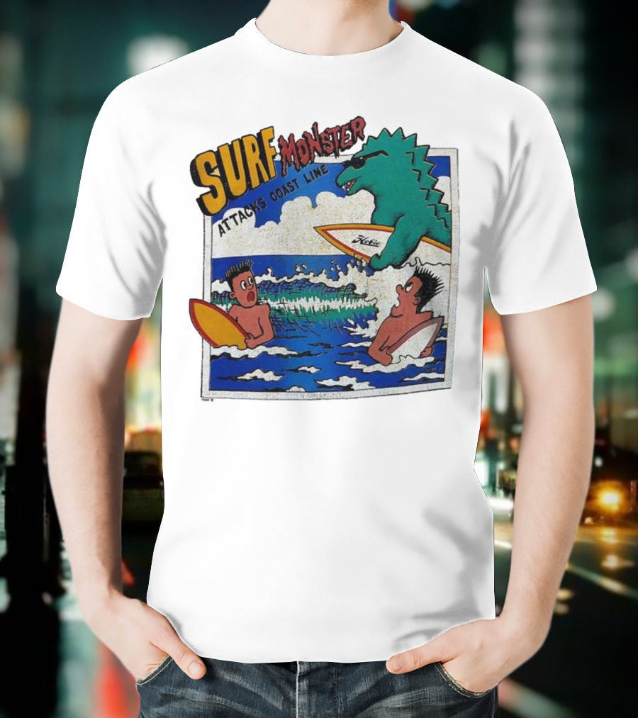 Surf Monster Attacks Coast Line Retro Comic Style Surfing Scene T-Shirt