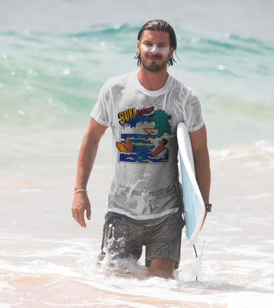 Surf Monster Attacks Coast Line Retro Comic Style Surfing Scene T-Shirt