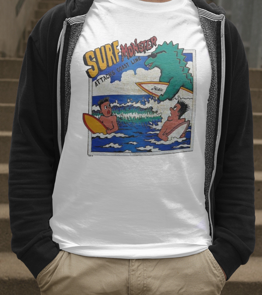Surf Monster Attacks Coast Line Retro Comic Style Surfing Scene T-Shirt