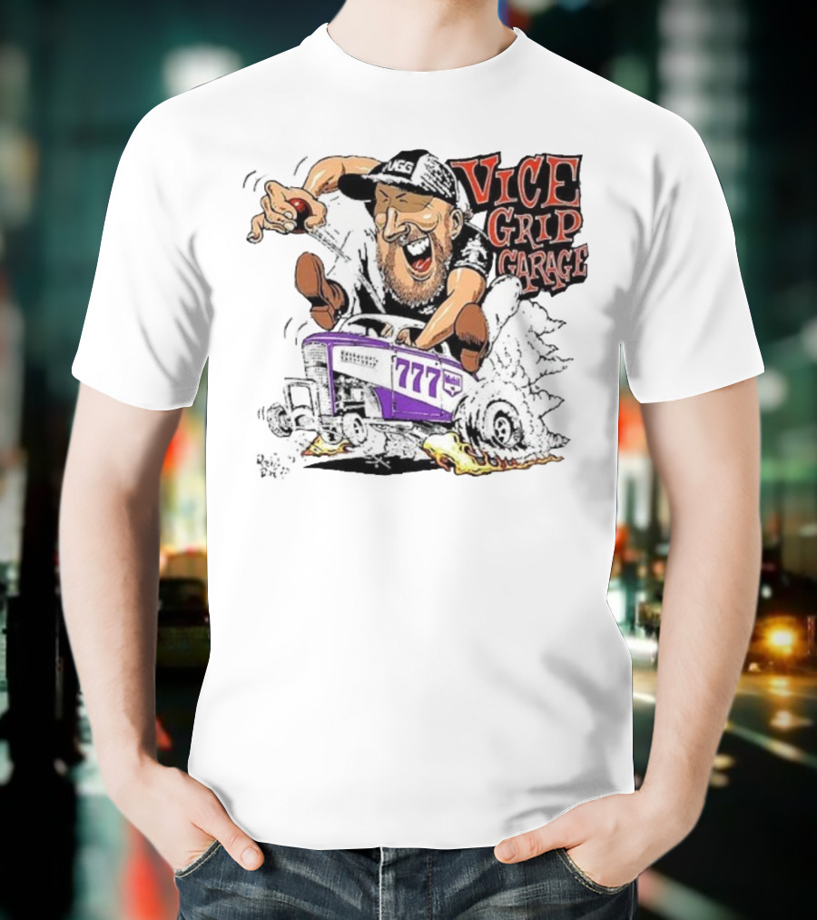 Vice Grip Garage 777 Cartoon Hot Rod Illustration With Bearded Driver And Smoking Tires T-Shirt
