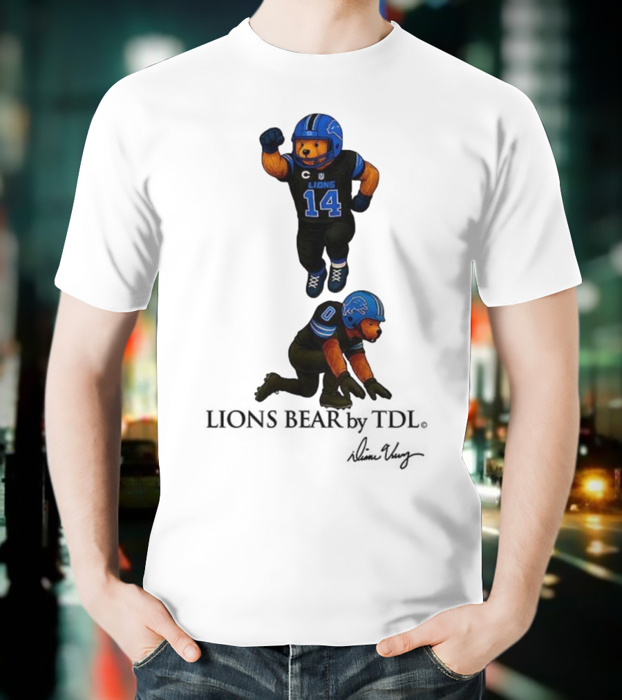 Amon-Ra St. Brown 14 Jahmyr Gibbs 0 Detroit Lions Bear Celebrating Football T-Shirt