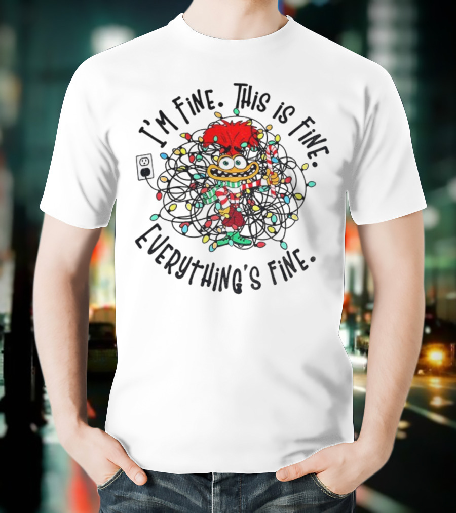 I'm Fine This Is Fine Everything's Fine Anxiety Inside Out 2 Holiday Lights Candy Cane T-Shirt