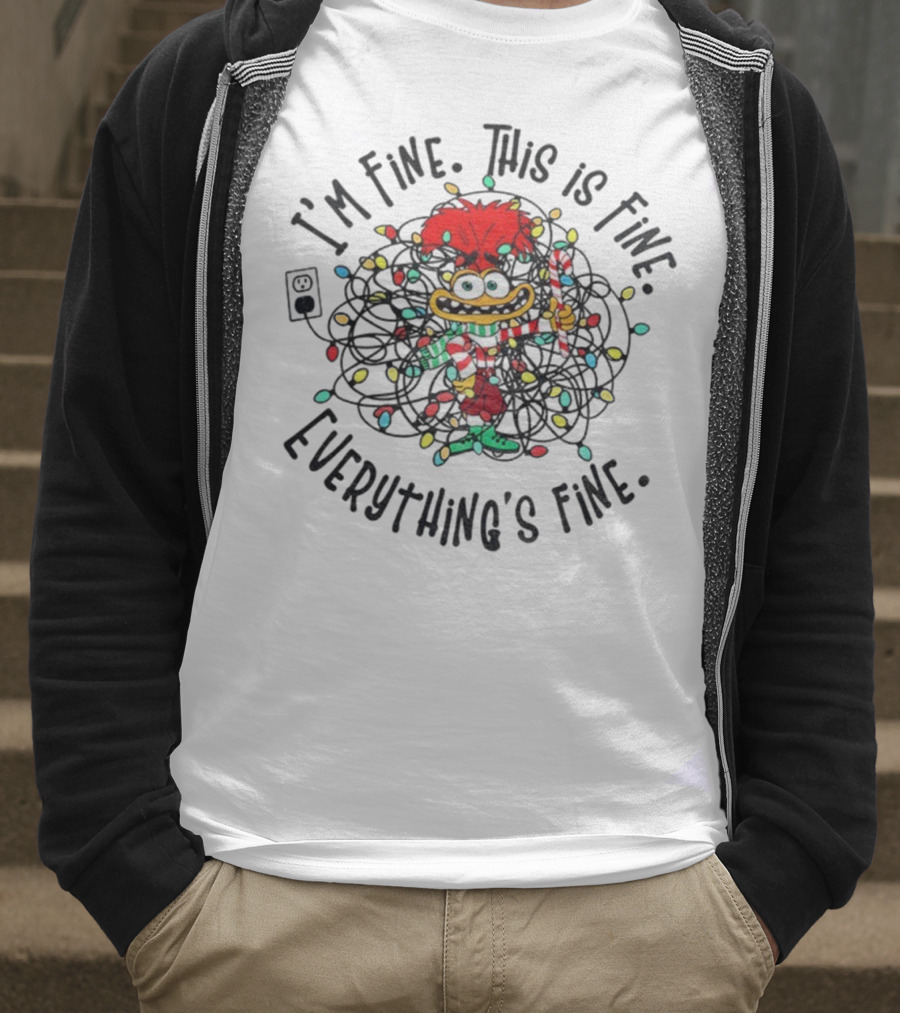 I'm Fine This Is Fine Everything's Fine Anxiety Inside Out 2 Holiday Lights Candy Cane T-Shirt