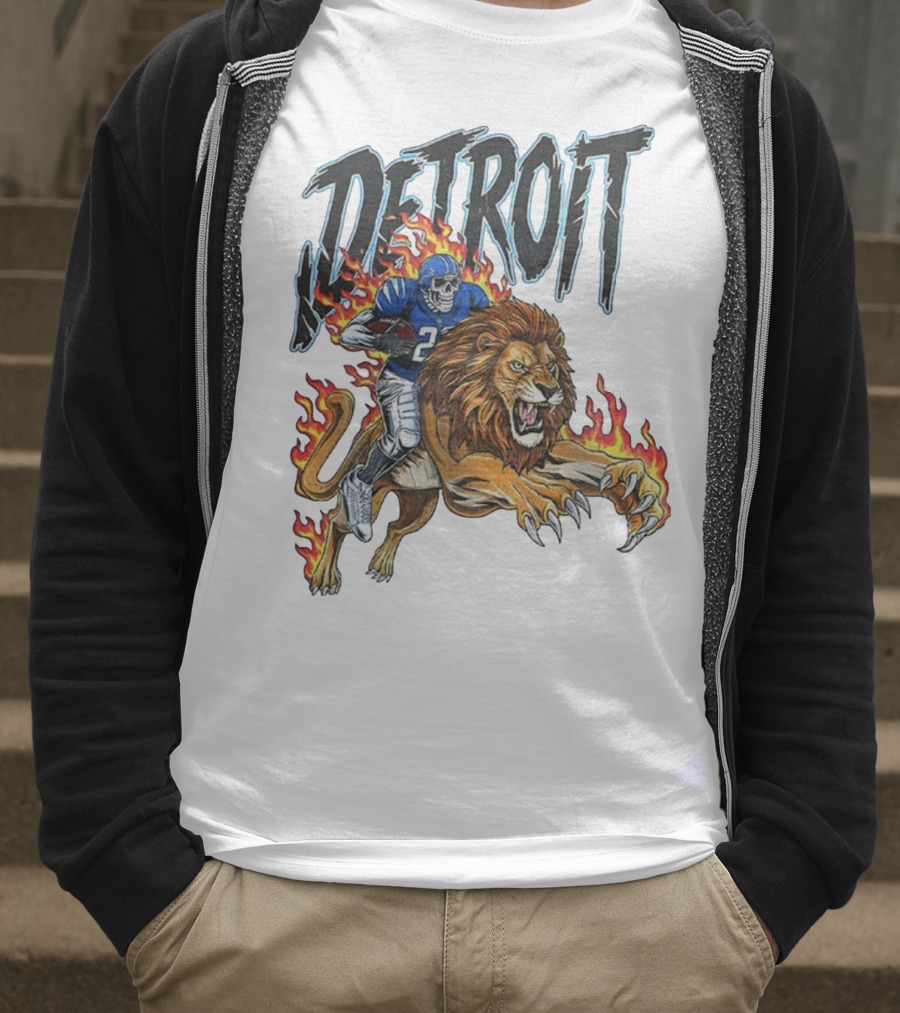 Detroit Lions Vintage Skeleton Riding Flaming Lion Football Game Day T-Shirt