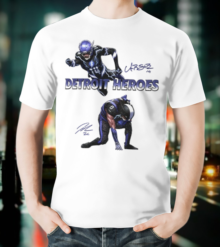 Jahmyr Gibbs Amon Ra St Brown Detroit Heroes 2025 Signature T-Shirt