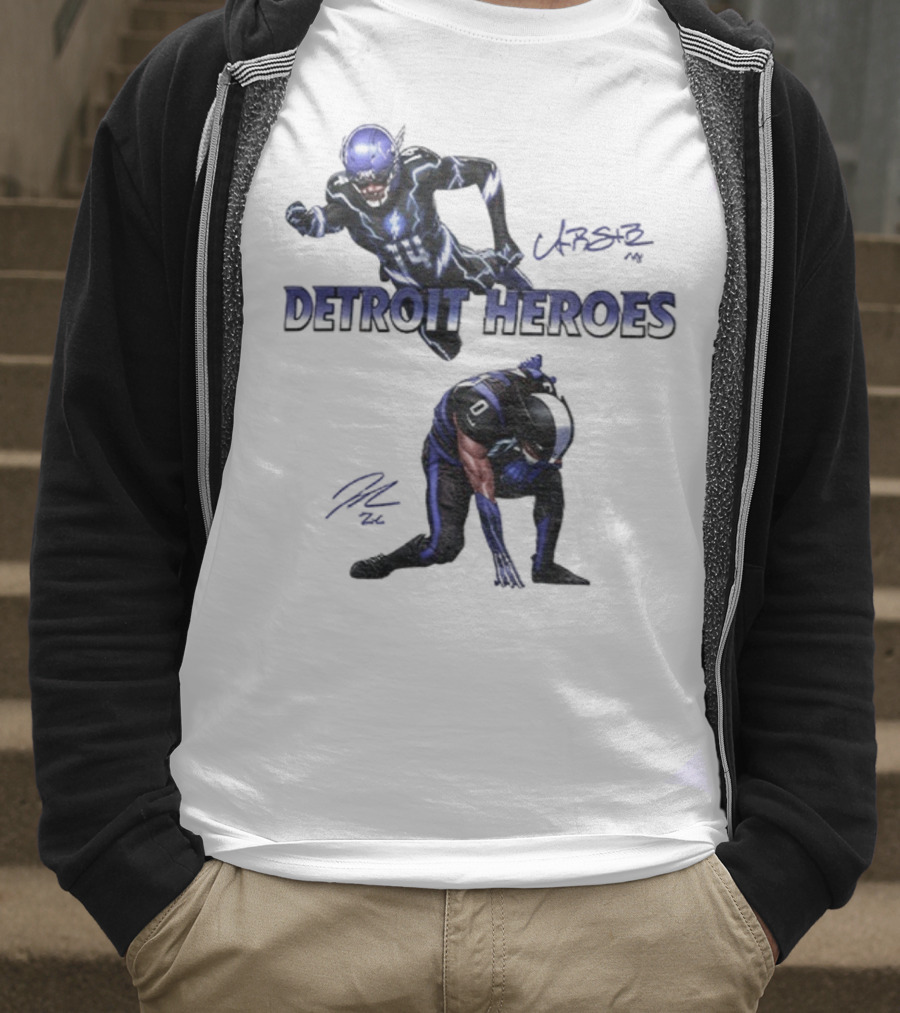 Jahmyr Gibbs Amon Ra St Brown Detroit Heroes 2025 Signature T-Shirt