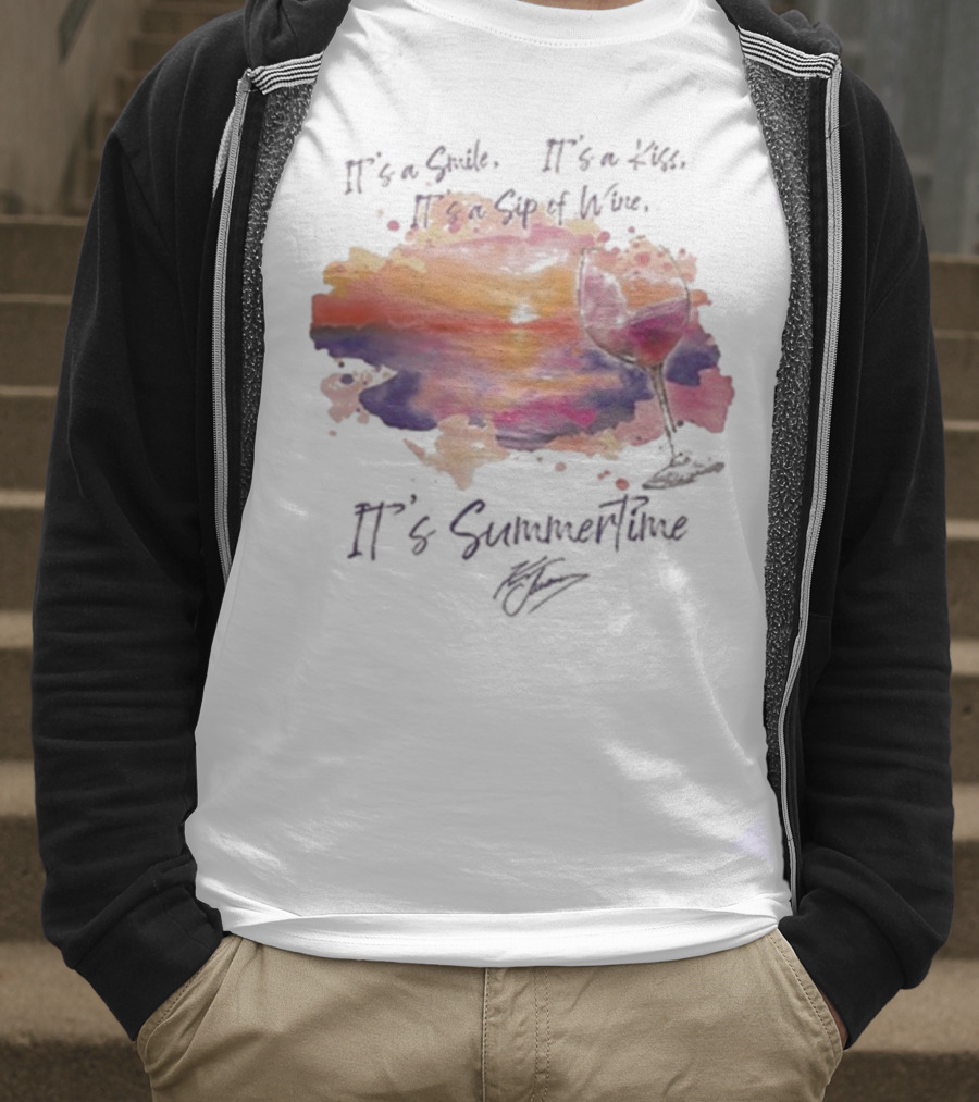 Kenny Chesney It's A Smile It's A Lie It's A Sip Of Wine It's Summertime Flowy Sunset Wine Glass T-Shirt