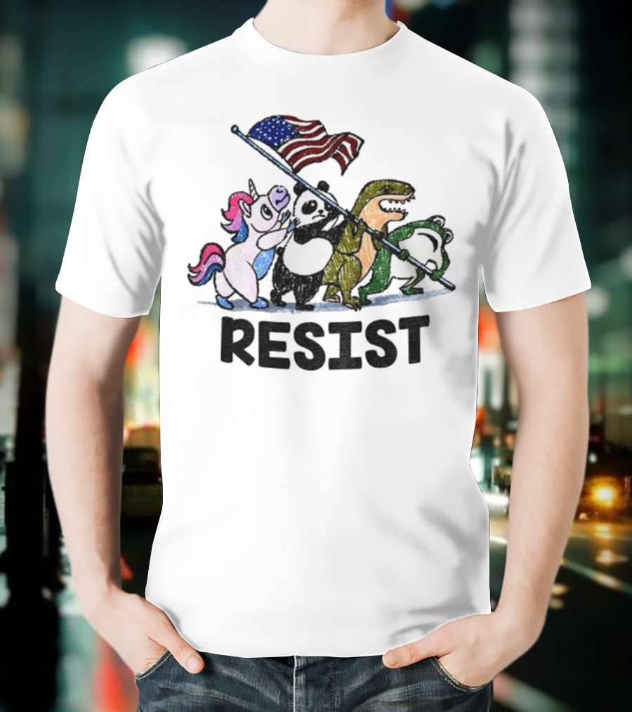 Unicorn Panda Alligator Frog Resist American Flag Political Statement T-Shirt