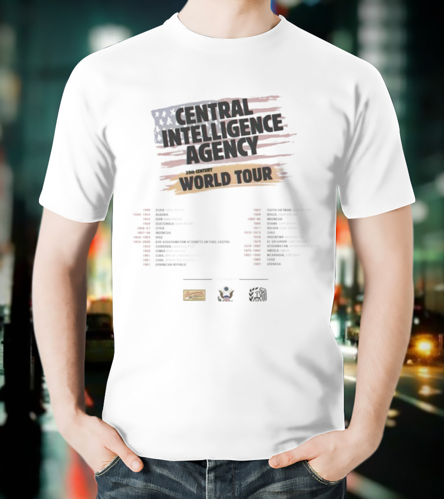 Central Intelligence Agency World Tour Parody With American Flag Mock Concert Dates T-Shirt