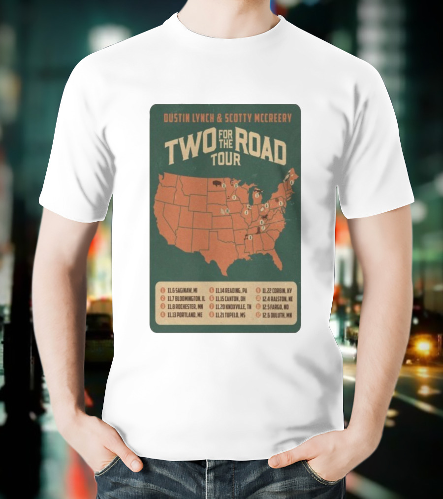 Dustin Lynch Scotty McCreery Two For The Road Tour 2025 US Map And Dates T-Shirt