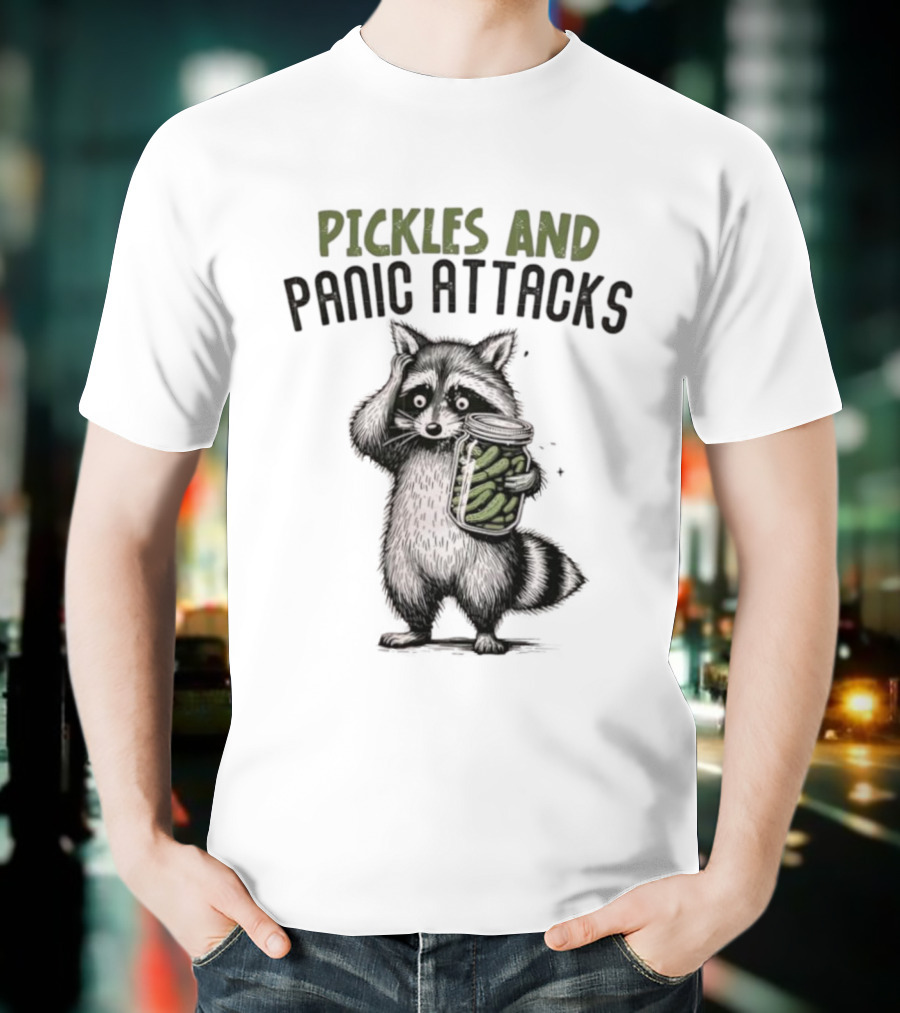 Pickles And Panic Attacks Raccoon Holding Jar Retro Mental Health Awareness T-Shirt