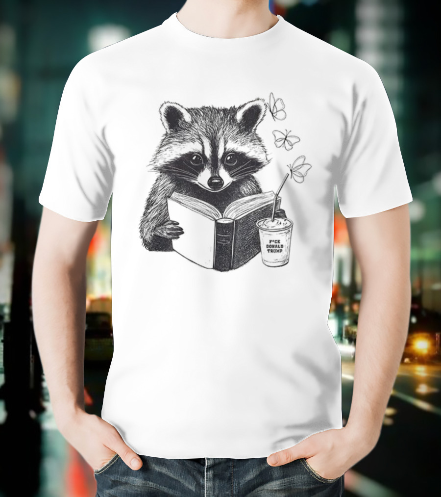 Raccoon Reading Book Coffee Cup Cozy Subtle Anti-Trump T-Shirt
