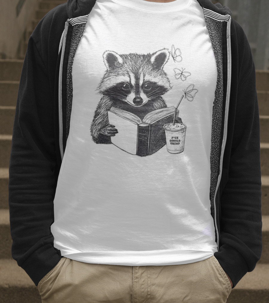 Raccoon Reading Book Coffee Cup Cozy Subtle Anti-Trump T-Shirt