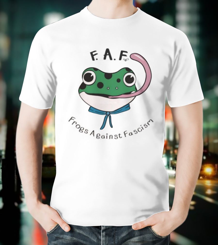 F.A.F Frogs Against Fascism Playful Green Frog With Tongue And Blue Scarf T-Shirt