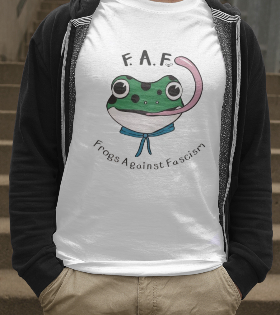 F.A.F Frogs Against Fascism Playful Green Frog With Tongue And Blue Scarf T-Shirt
