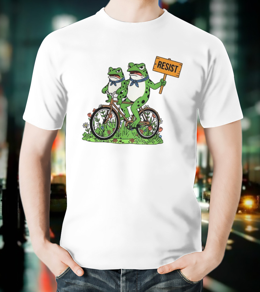 Frog On Bike Resist Protest Sign Portland Garden Scene T-Shirt