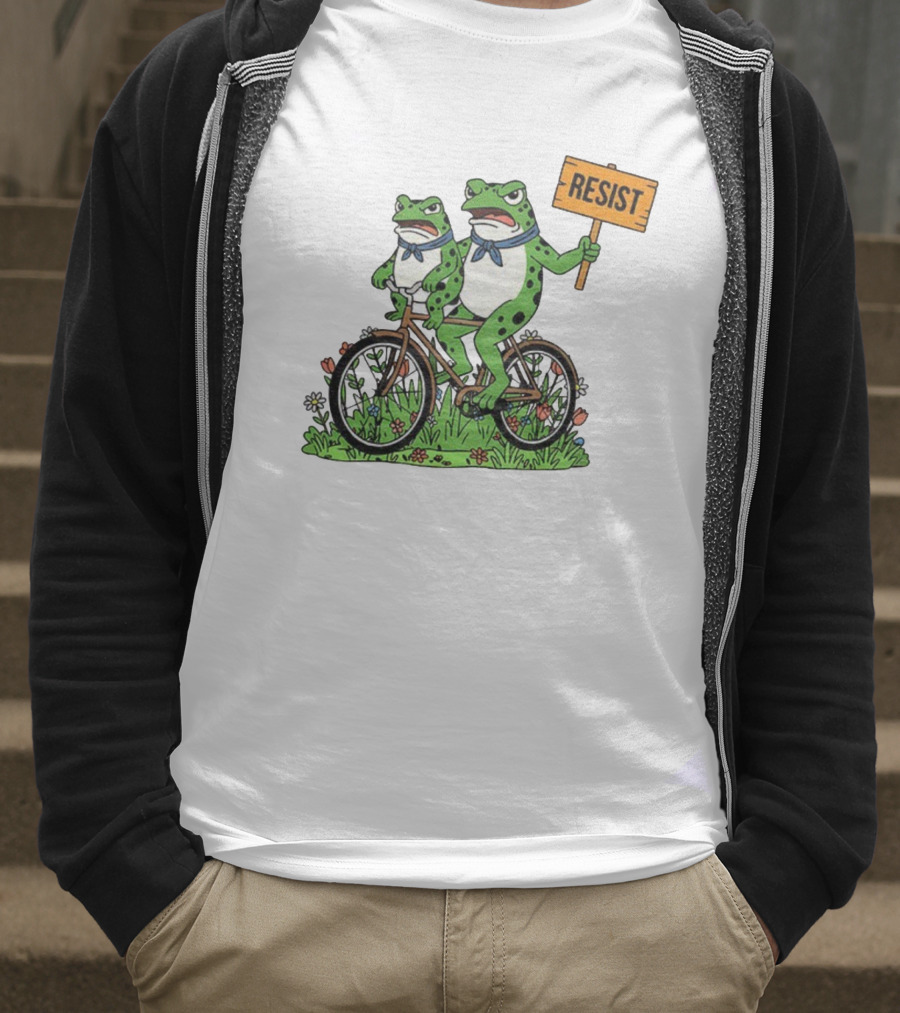 Frog On Bike Resist Protest Sign Portland Garden Scene T-Shirt