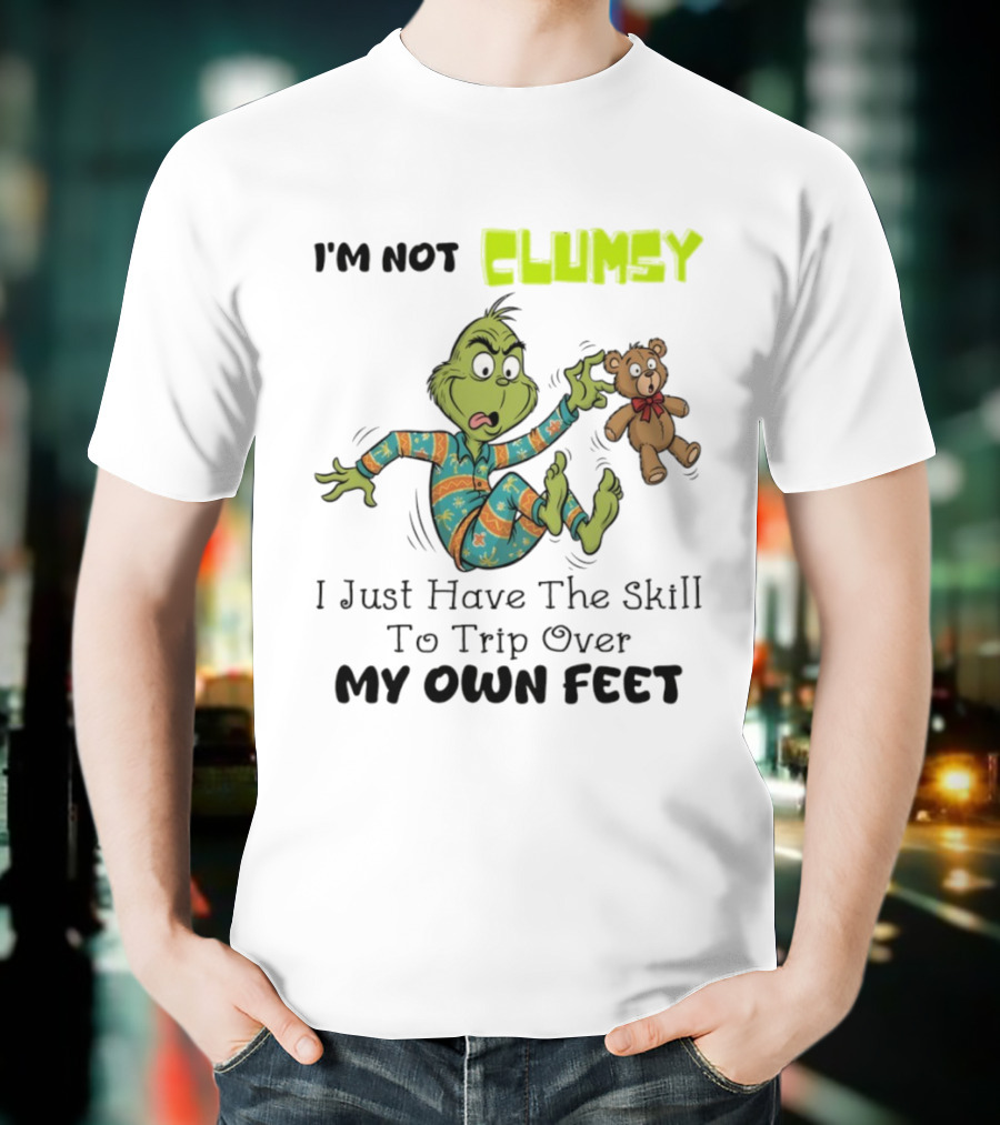 Grinch Clumsy Trip Over My Own Feet Christmas Pajamas Bear T-Shirt