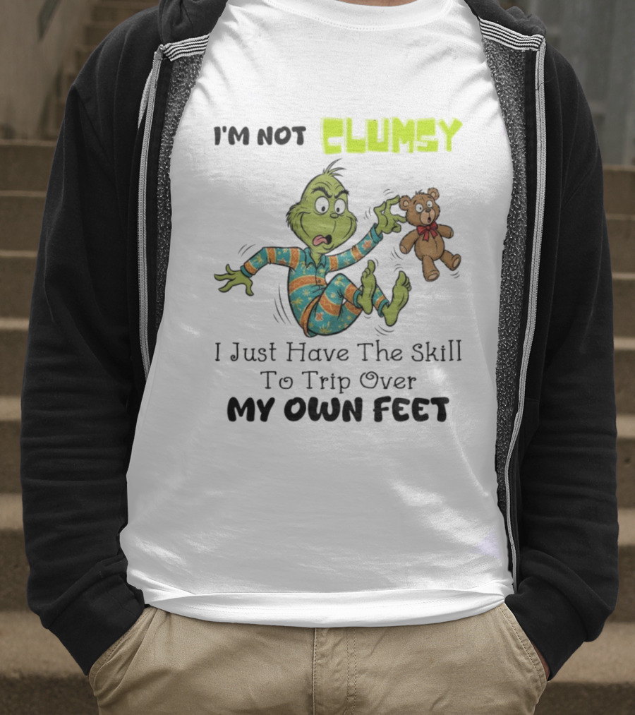 Grinch Clumsy Trip Over My Own Feet Christmas Pajamas Bear T-Shirt