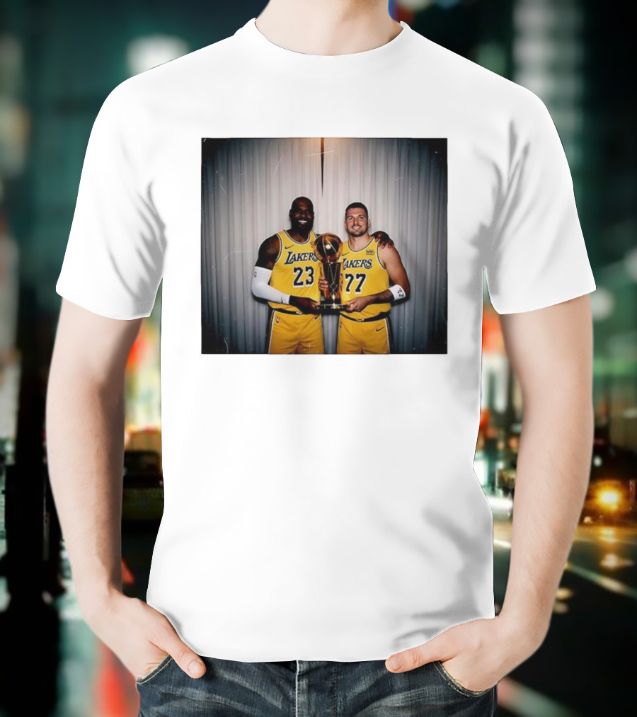 Los Angeles Lakers LeBron James Luka Dončić Holding Trophy June 2026 T-Shirt