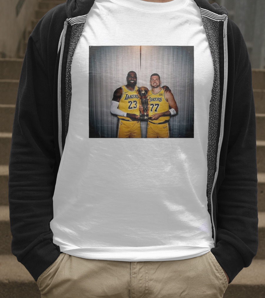 Los Angeles Lakers LeBron James Luka Dončić Holding Trophy June 2026 T-Shirt