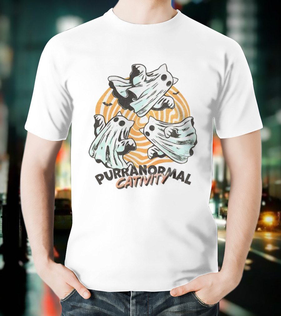 Purranormal Cativity Ghost Cat Halloween Bats Swirl Maze T-Shirt