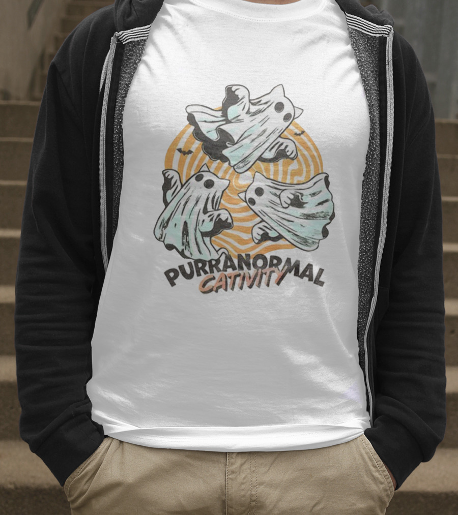 Purranormal Cativity Ghost Cat Halloween Bats Swirl Maze T-Shirt