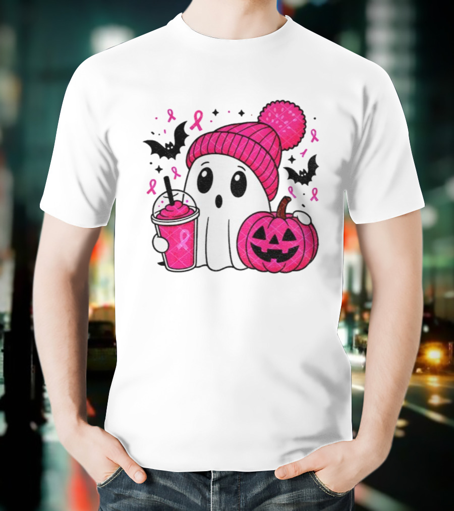 Spooky Ghost Pink Pumpkin Breast Cancer Awareness With Ribbon In October We Wear Pink T-Shirt