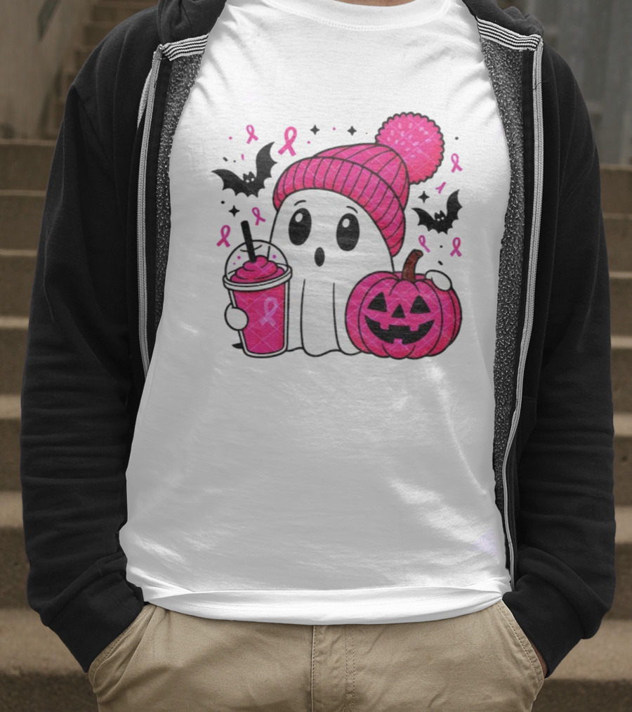 Spooky Ghost Pink Pumpkin Breast Cancer Awareness With Ribbon In October We Wear Pink T-Shirt