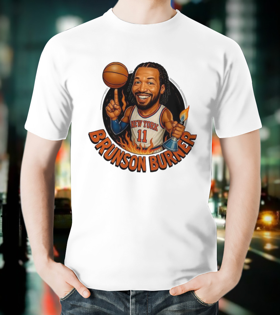 New York Knicks Brunson Burner Cartoon With Basketball And Flames T-Shirt