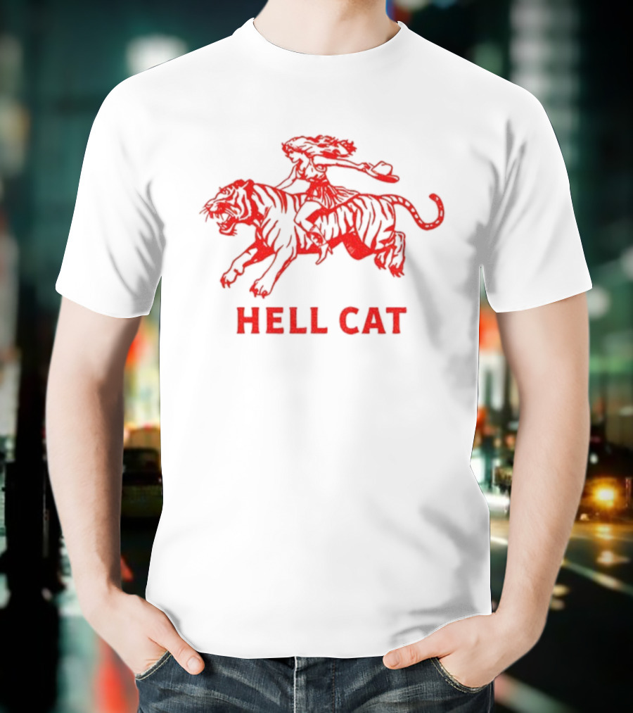 Hell Cat Vintage Cowgirl Riding Tiger Design T-Shirt