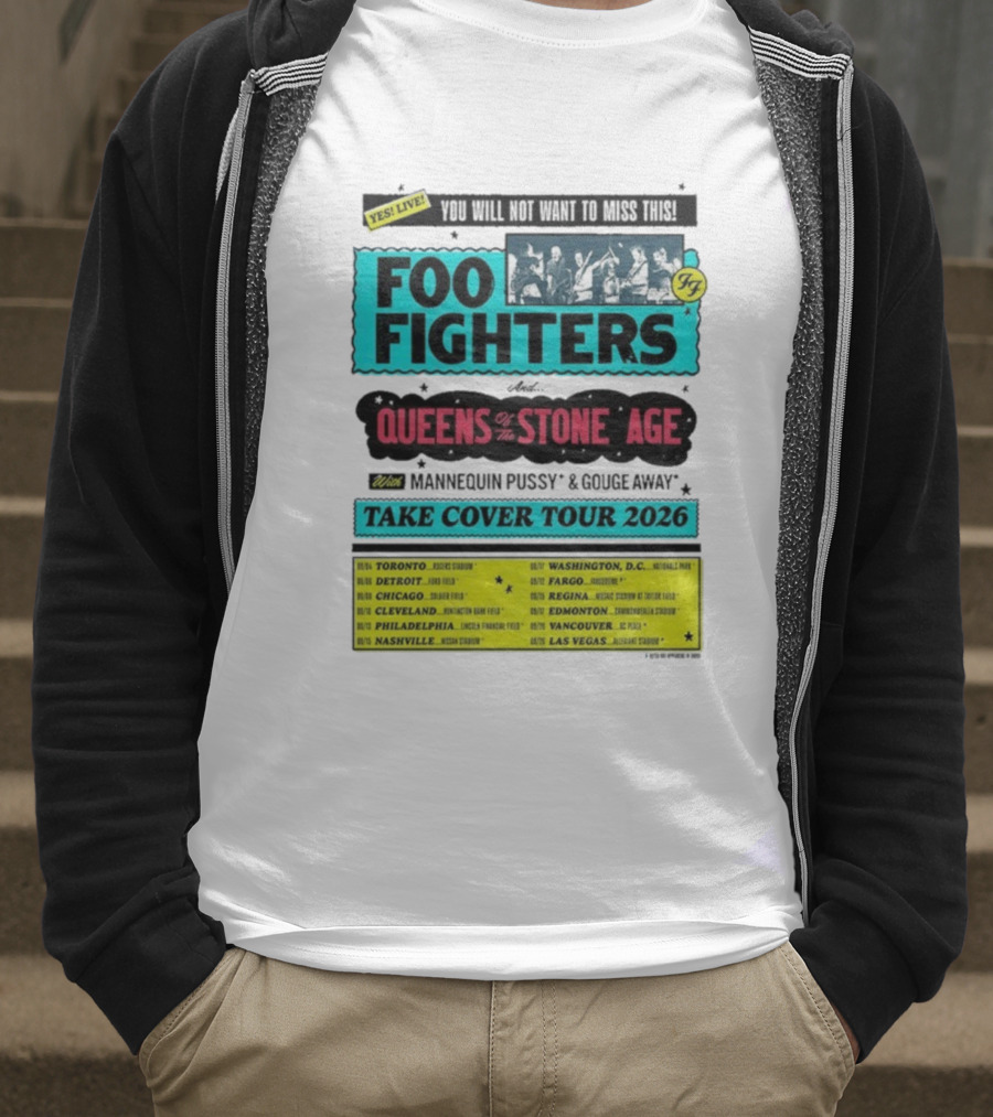 Foo Fighters Queens Of The Stone Age Take Cover Tour 2026 Dates Lineup Featuring Mannequin Pussy Gouge Away T-Shirt