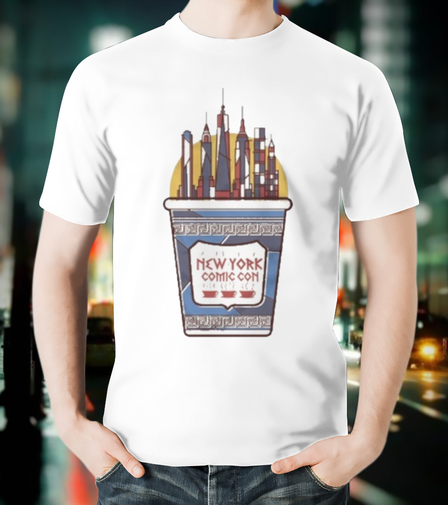 New York Comic Con 2025 Coffee Cup Skyline Tower Design T-Shirt