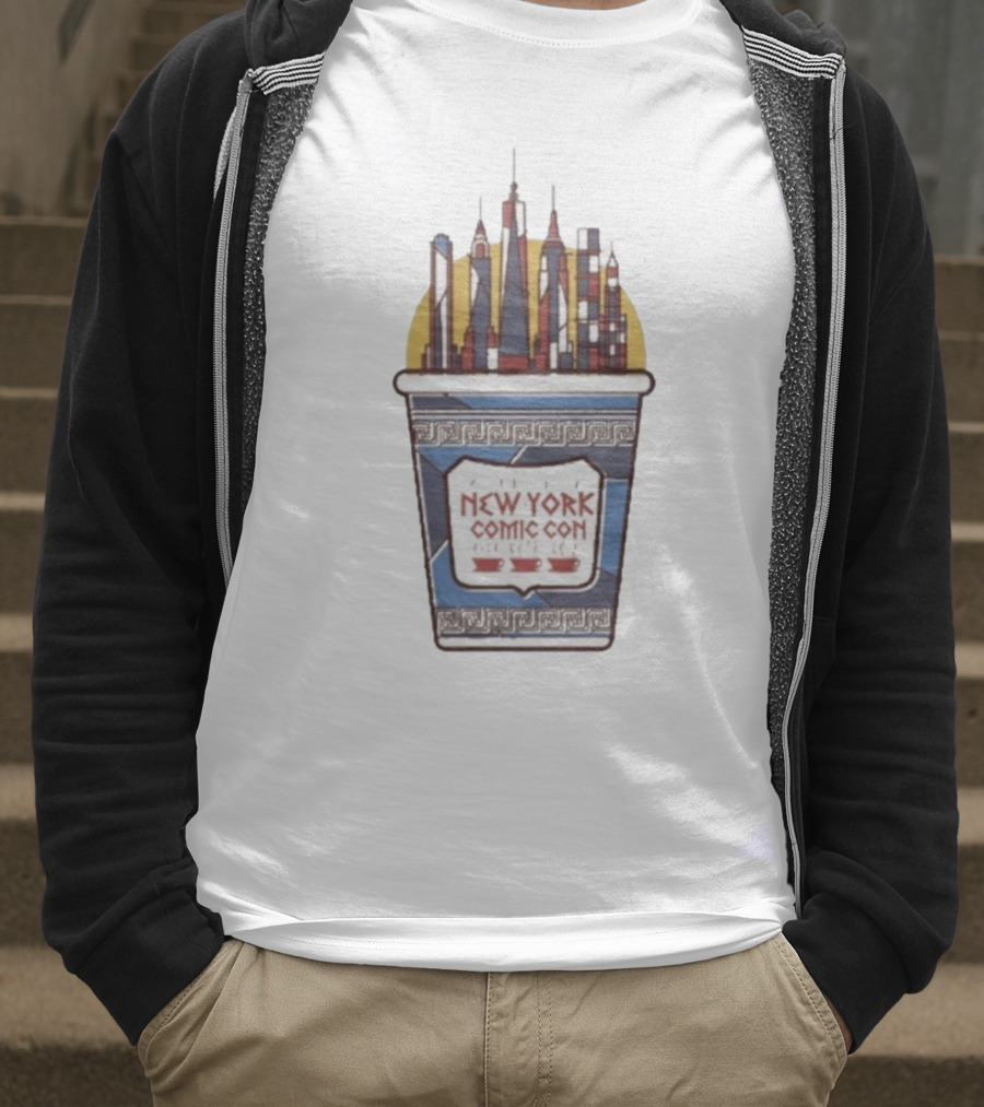 New York Comic Con 2025 Coffee Cup Skyline Tower Design T-Shirt