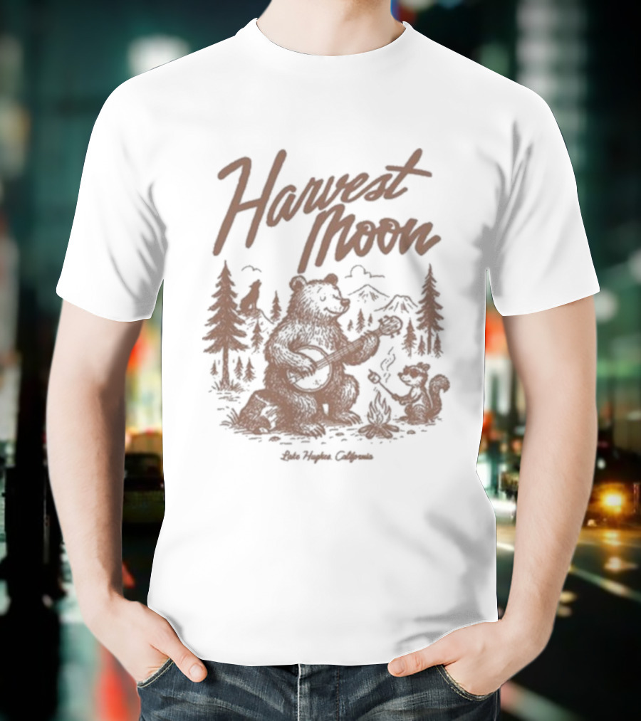Harvest Moon Lake Hughes California Bear Forest Illustration T-Shirt