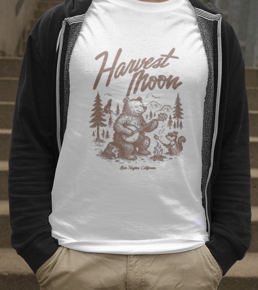 Harvest Moon Lake Hughes California Bear Forest Illustration T-Shirt