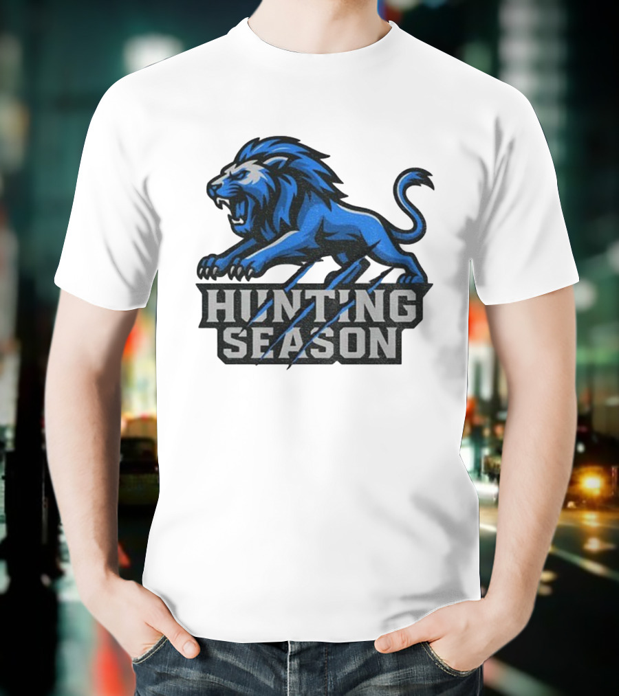 Detroit Lions Hunting Season Roaring Blue Lion NFL Fan Gear T-Shirt