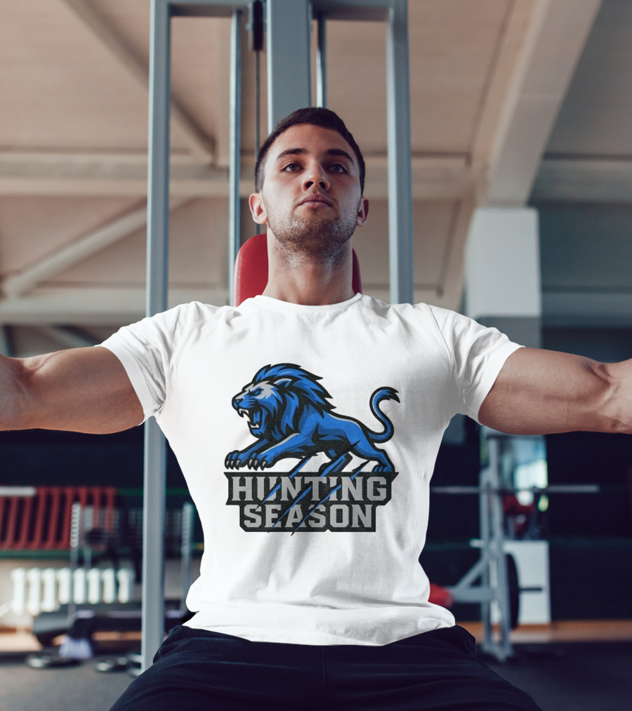 Detroit Lions Hunting Season Roaring Blue Lion NFL Fan Gear T-Shirt