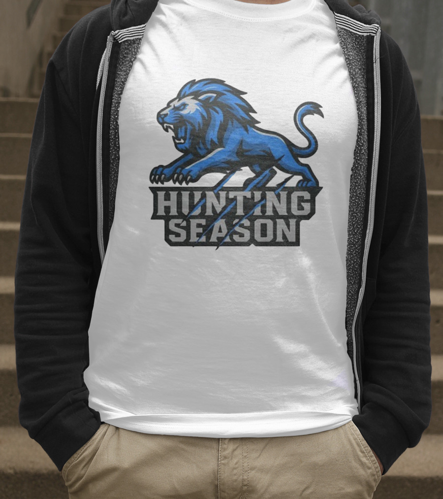 Detroit Lions Hunting Season Roaring Blue Lion NFL Fan Gear T-Shirt