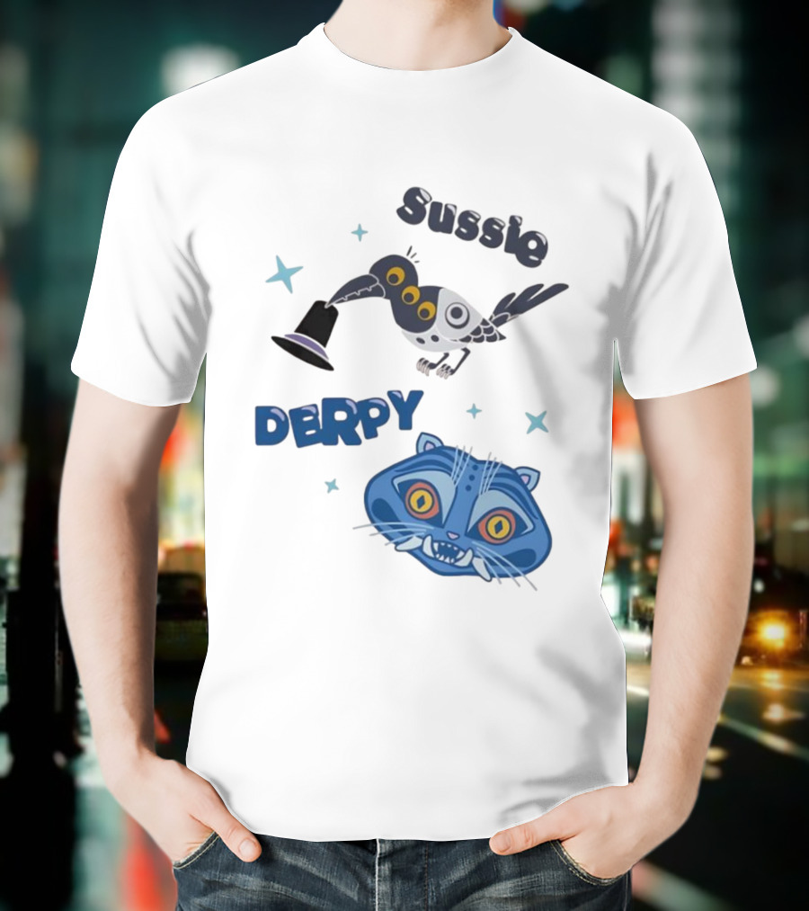 Sussie Derpy Cartoon Bird And Tiger Characters With Stars KPop Demon Hunters T-Shirt