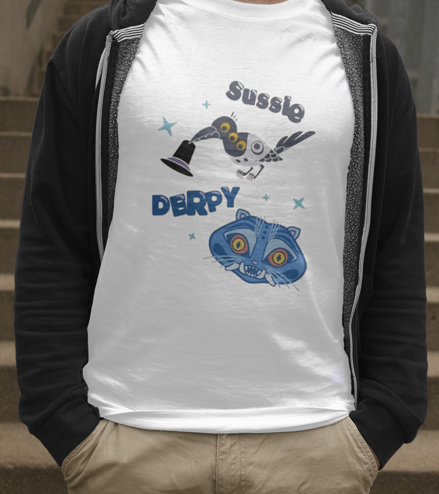 Sussie Derpy Cartoon Bird And Tiger Characters With Stars KPop Demon Hunters T-Shirt