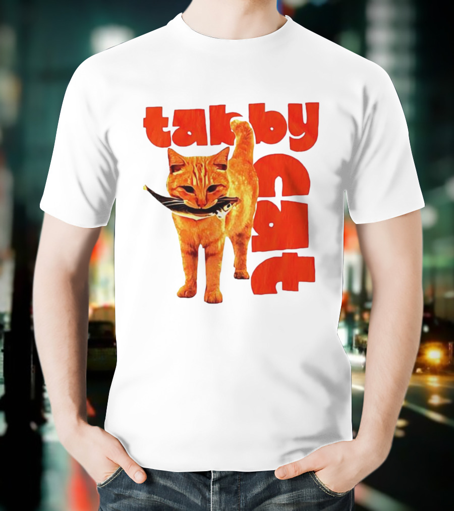Tabby Cat Holding Fish Meme Retro Font T-Shirt