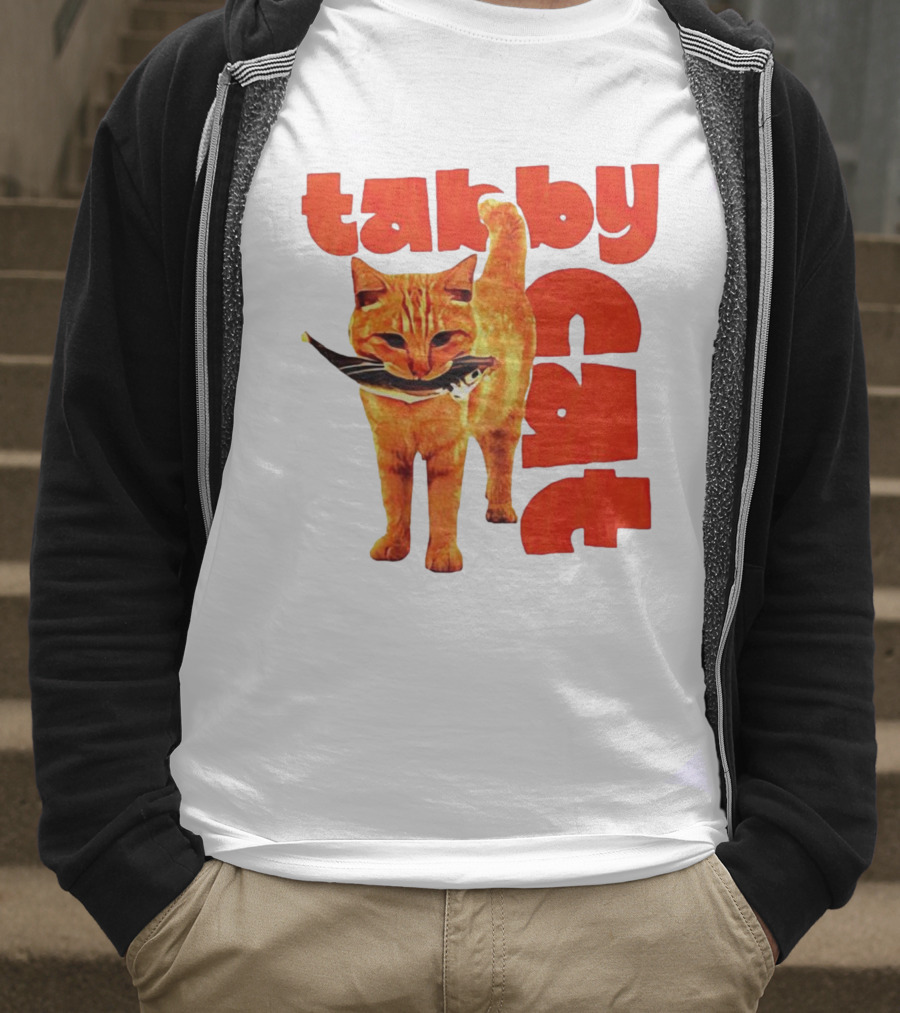 Tabby Cat Holding Fish Meme Retro Font T-Shirt