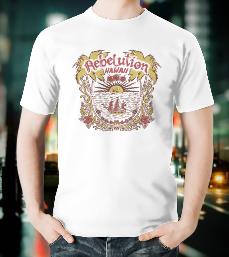Rebelution Hawaii Tropical Sun And Sailboat Scene T-Shirt