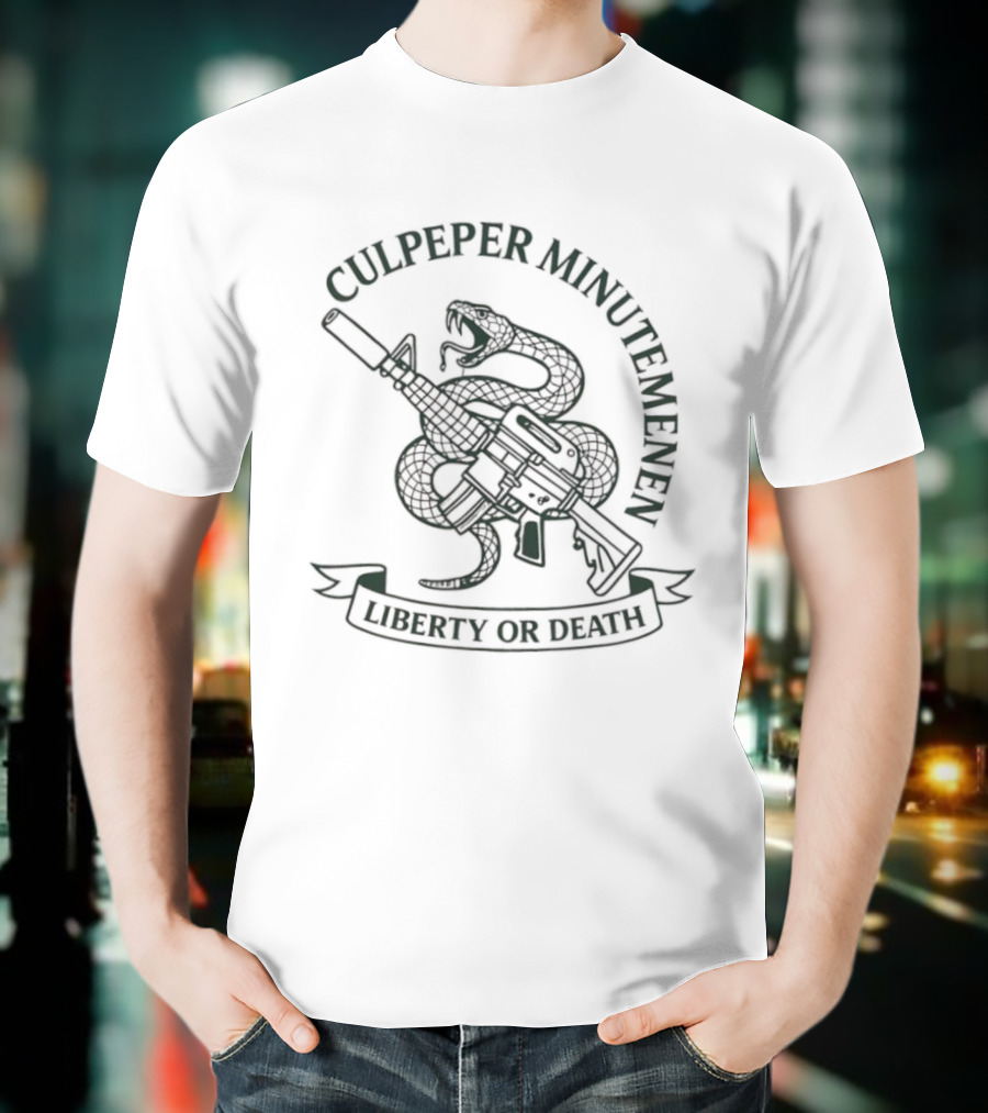 Culpeper Minutemen Liberty Or Death Rattlesnake And Rifle Emblem T-Shirt