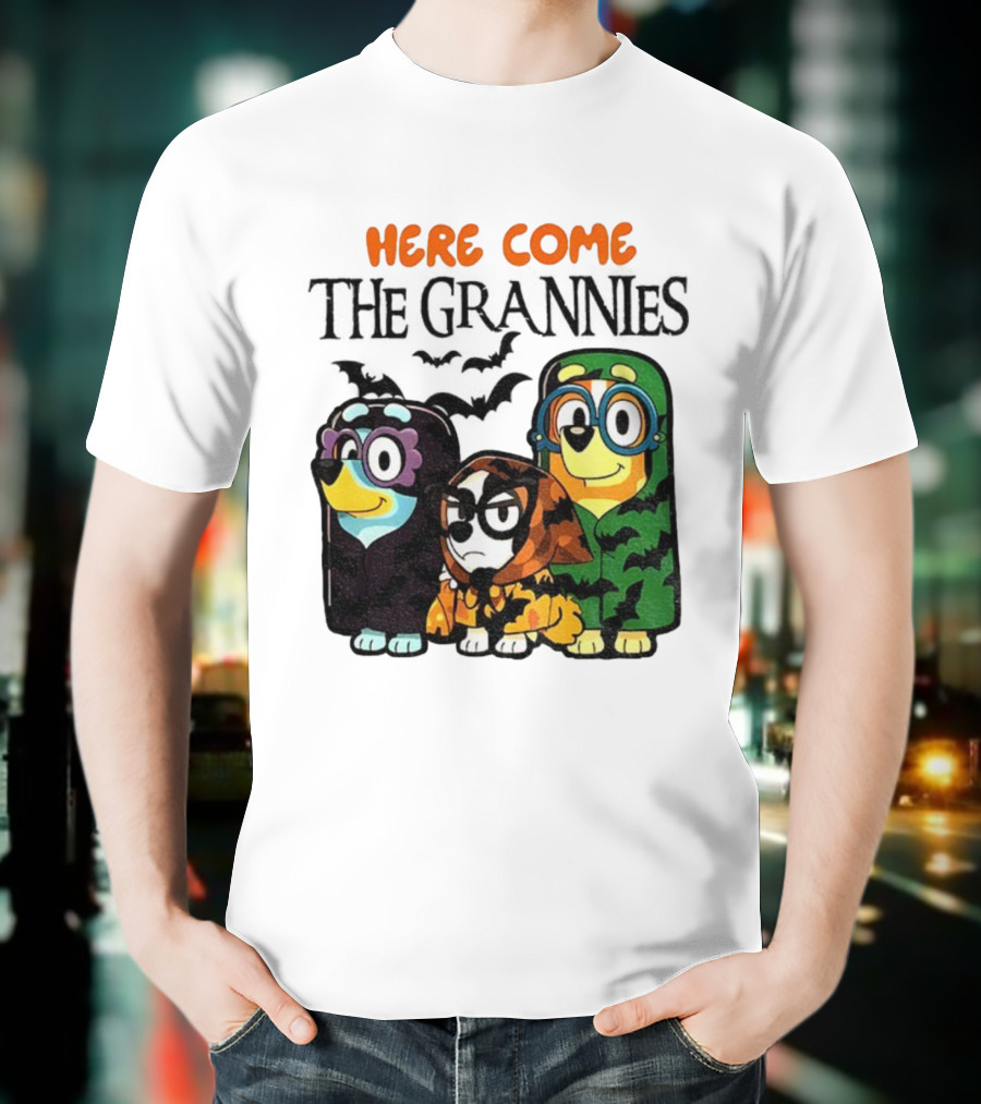 Here Come The Grannies Halloween Blue Dog Characters In Costumes T-Shirt