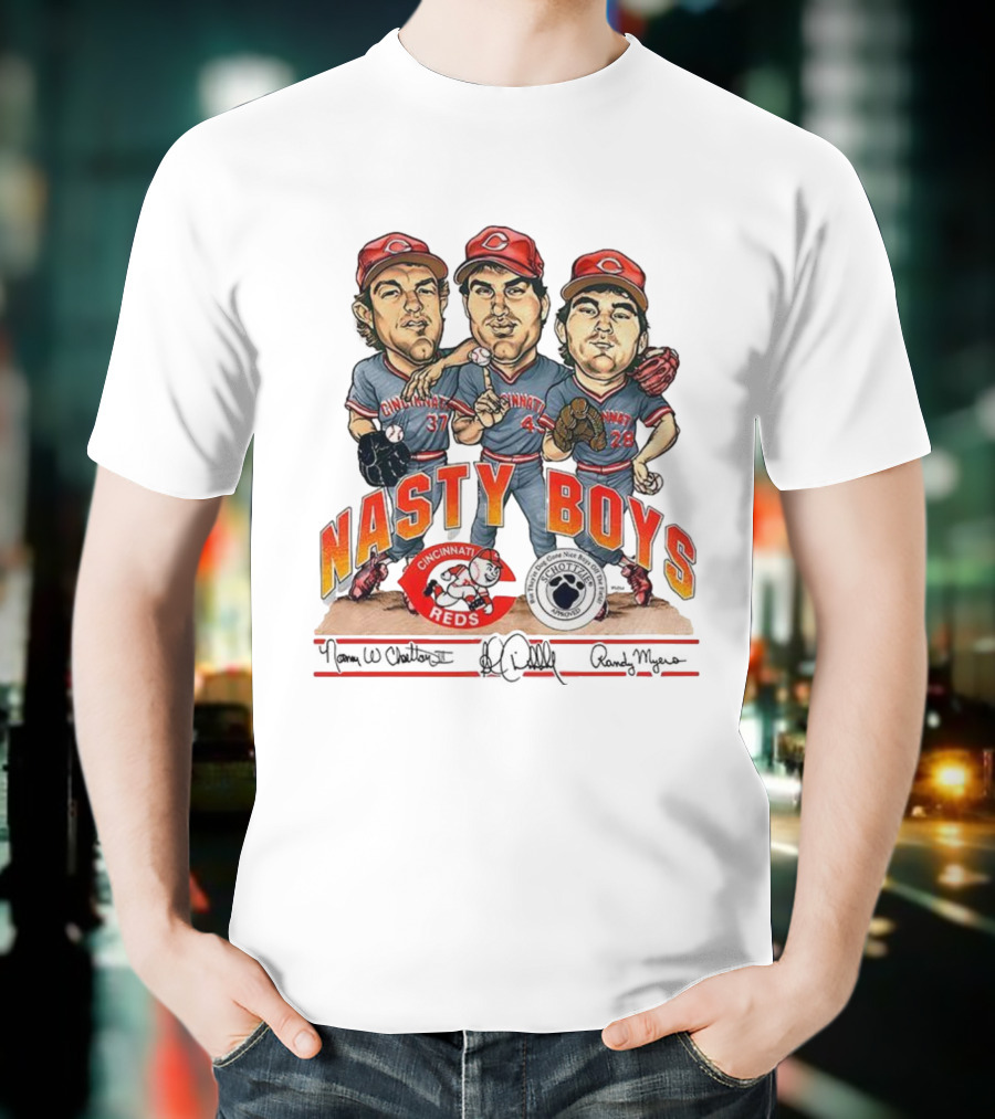 Cincinnati Reds Nasty Boys 37 43 28 Schottzie 02 Baseball Caricature T-Shirt