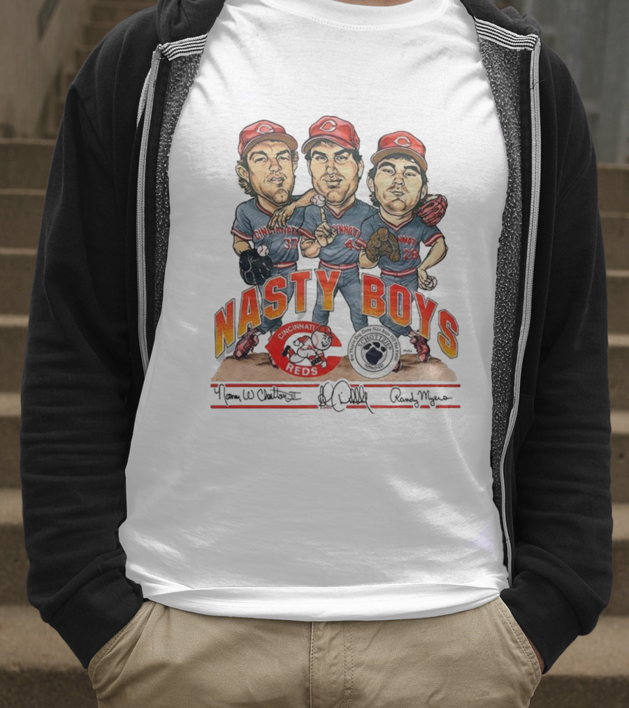 Cincinnati Reds Nasty Boys 37 43 28 Schottzie 02 Baseball Caricature T-Shirt