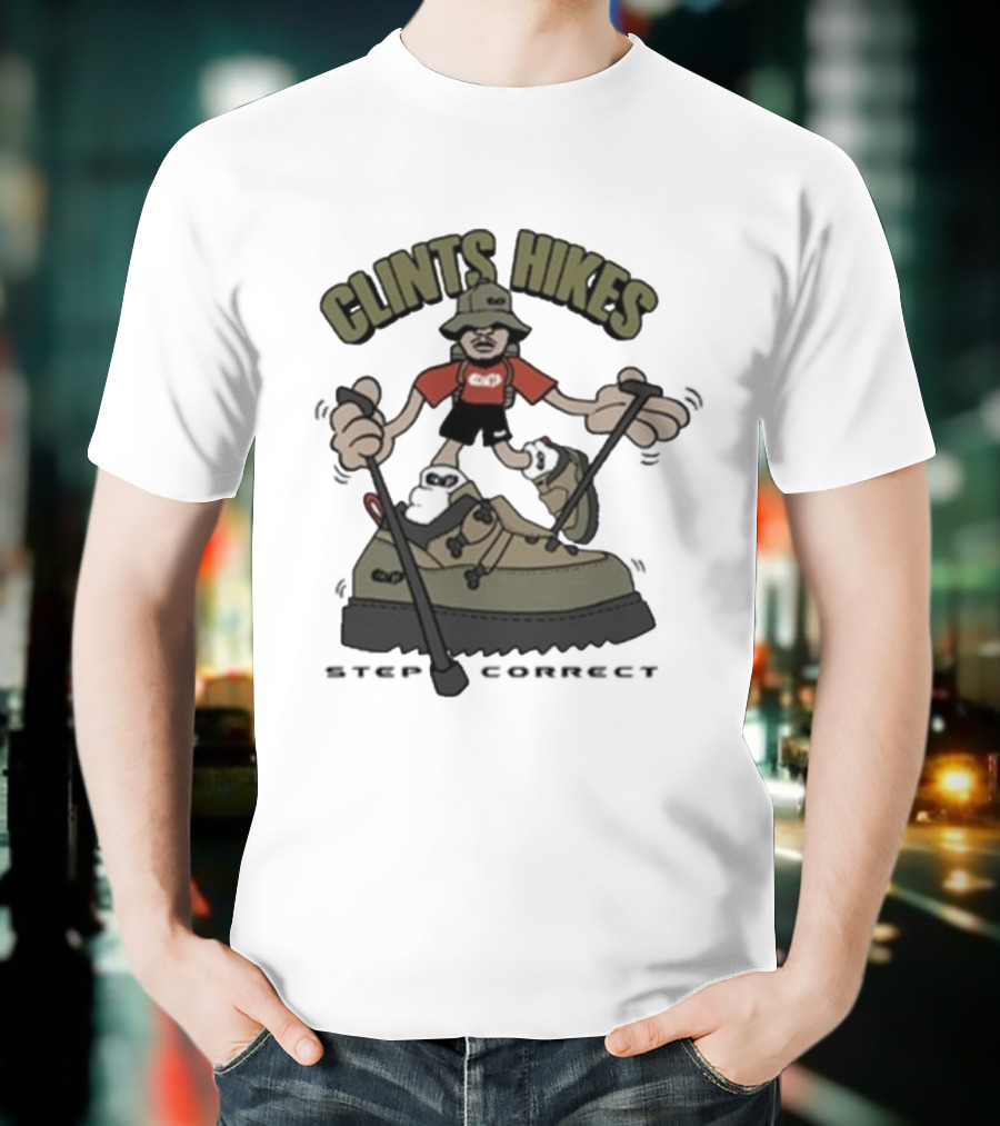 CLINTS HIKES Cartoon Hiker With Walking Sticks And Boots T-Shirt